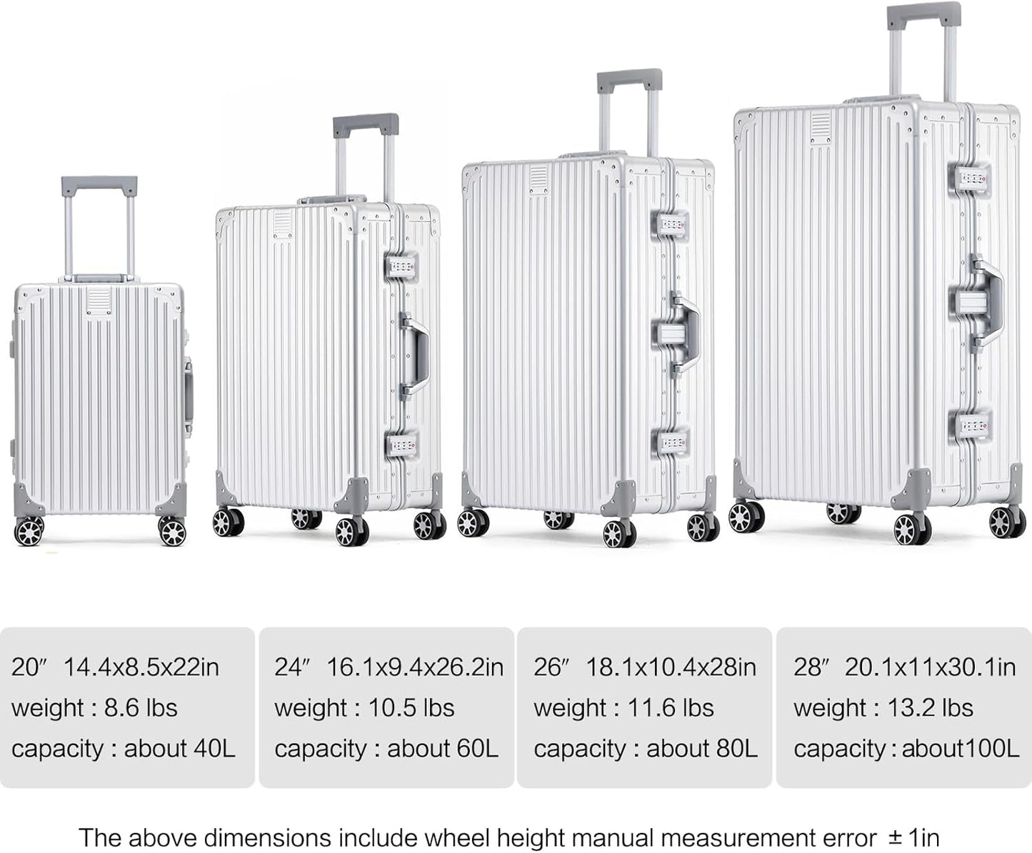 Metal All Aluminum Carry-on Luggage TSA Customs Lock Zipperless Silent Rotary Wheel Business Suitcase Aluminum Frame Set (black, 24 '')