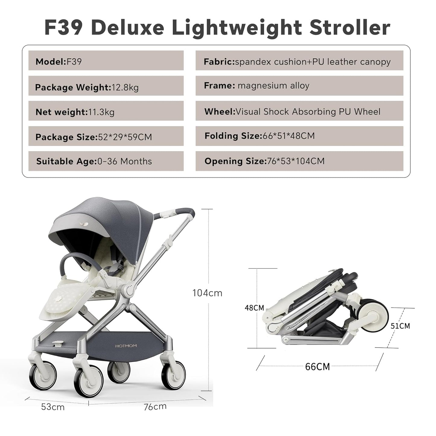 Hot Mom Baby Lightweight Stroller, Intelligent Seat Reversing,Double Brake and PU Anti-Shock Tire Combine Baby Pushchair, Newborn to Toddler's Baby Stroller, Grey