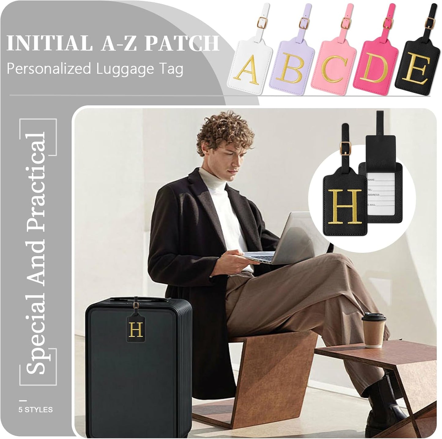 Personalized Initial Luggage Tags for Suitcase TSA Approved, Black Leather Cute Luggage Tag with Privacy Cover Name Card, Embroidered Custom Luggage Tags Travel Backpack Tags Gifts for Women Kids(H)