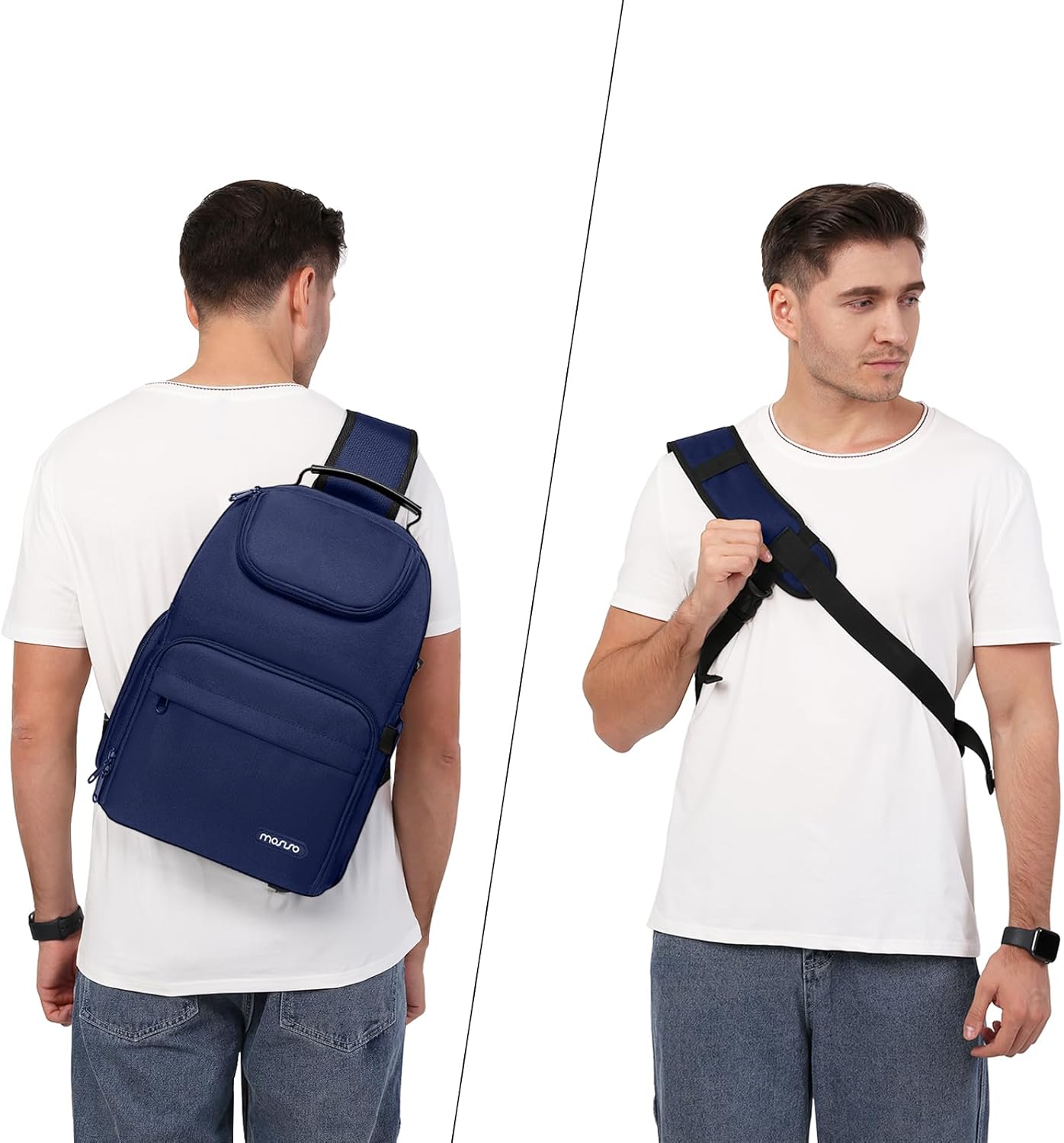MOSISO Camera Sling Bag, DSLR/SLR/Mirrorless Camera Case Crossbody Photography Backpack with Tripod Holder&Removable Modular Inserts&PU Handle Compatible with Canon/Nikon/Sony, Navy Blue