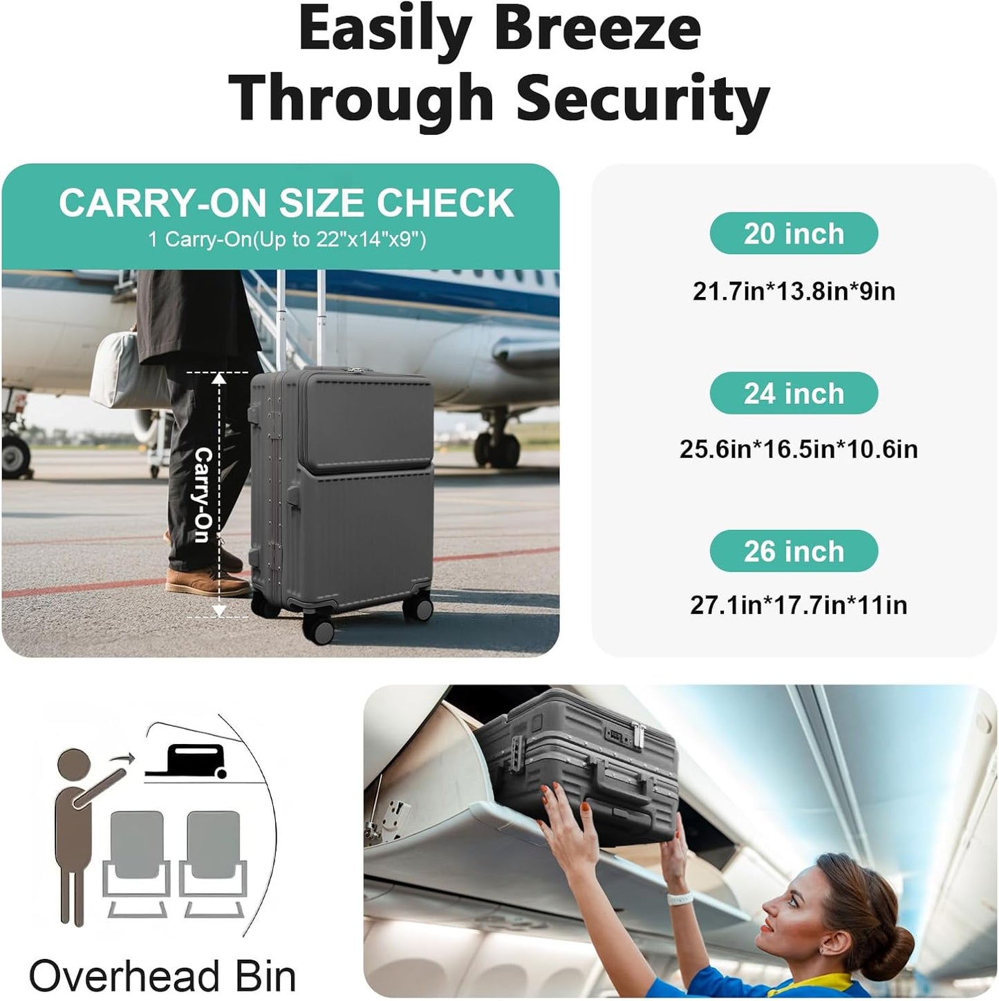 Hard Shell Luggage 24 Inch Travel Luggage, Carry-On Luggage Spinner TSA with Lid, ABS Aluminum Frame,Lightweight Travel Luggage 20'' 24'' 26''Carry-On (upgraded grey, 24 inch)