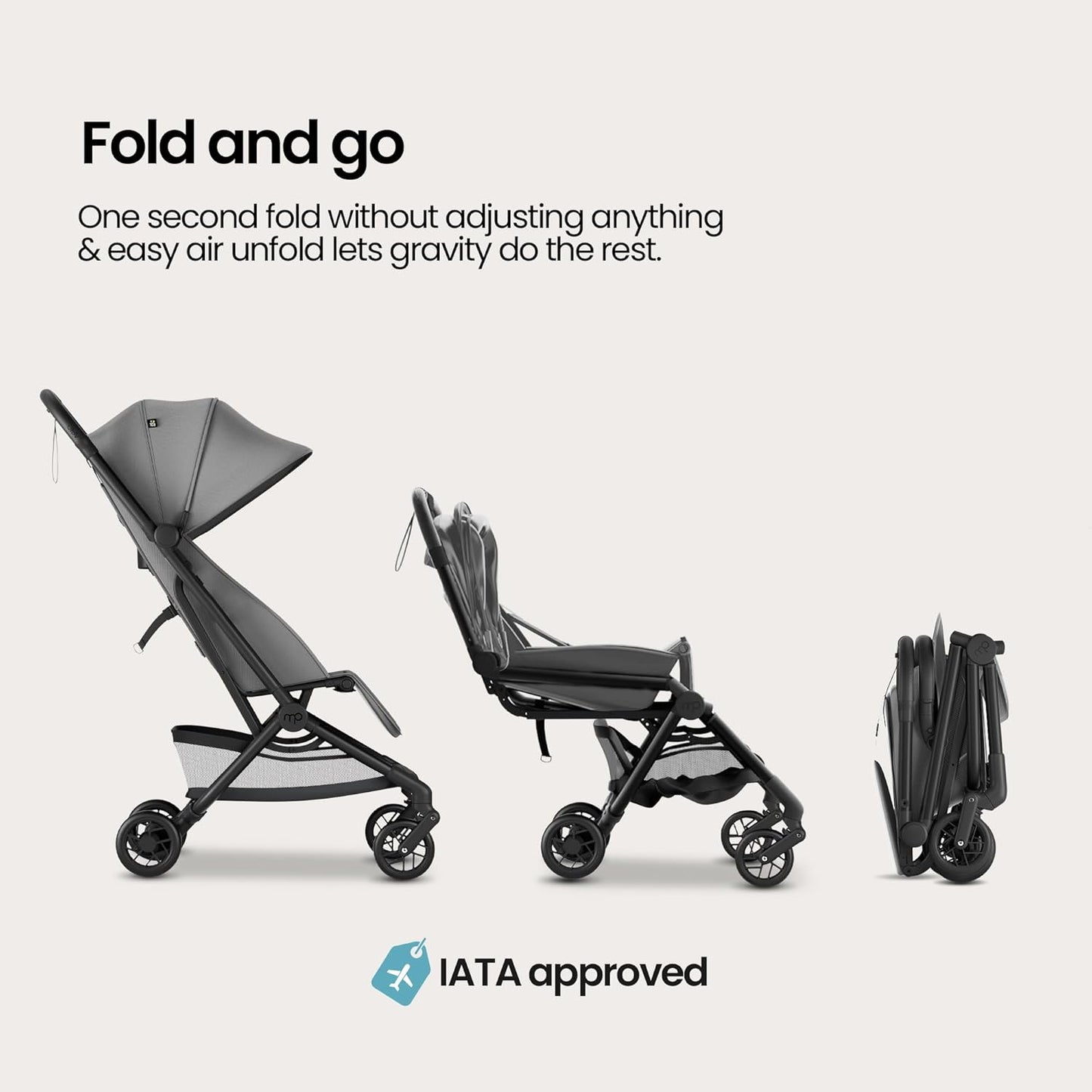Mompush Velo Lightweight Travel Stroller – One-Hand Fold, Ultra-Compact & Airplane Friendly, Lie-Flat Recline Seat (from Birth to 50 lbs), Includes Cup Holder, Shoulder Strap, and Leather Bumper Bar