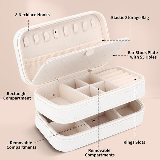 DesignSter Small Travel Jewelry Box with Double Zipper, 2 Layers PU Portable Jewelry Case for Women and Girls,Travel Jewelry Organizer for Rings, Earrings, Necklaces, Bracelets,Beige
