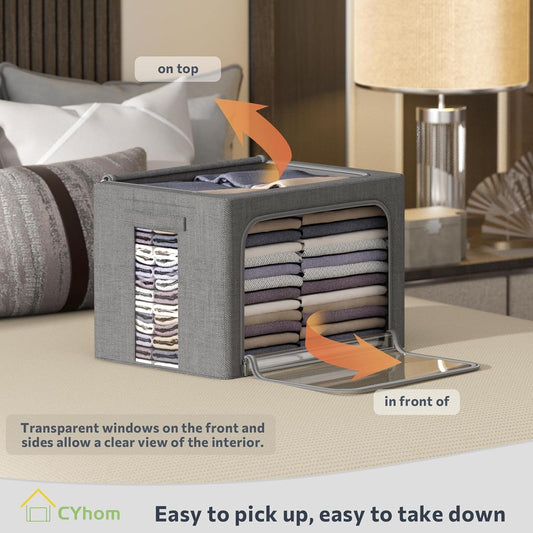 CYhom 4 Pack Clothes Storage Bins with Metal Frame - Linen Fabric Foldable Stackable Container Organizer Set with Clear Window & Carry Handles & Zippers (Dark Gray, 19.7"x15.7"x13")