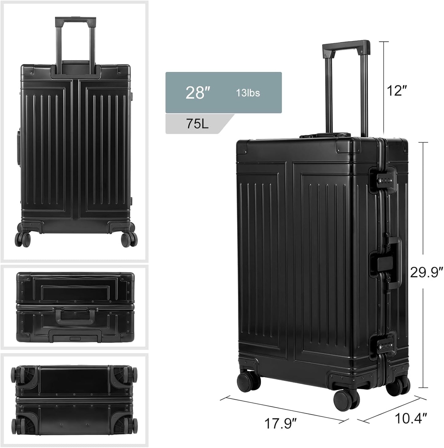 All Aluminum Carry On Luggage,Cut from Whole Aluminum Sheet,22x14x9 Airline Approved ,(3rd Generation,Premium Metal zipperless suitcase ) (black, 28inch)