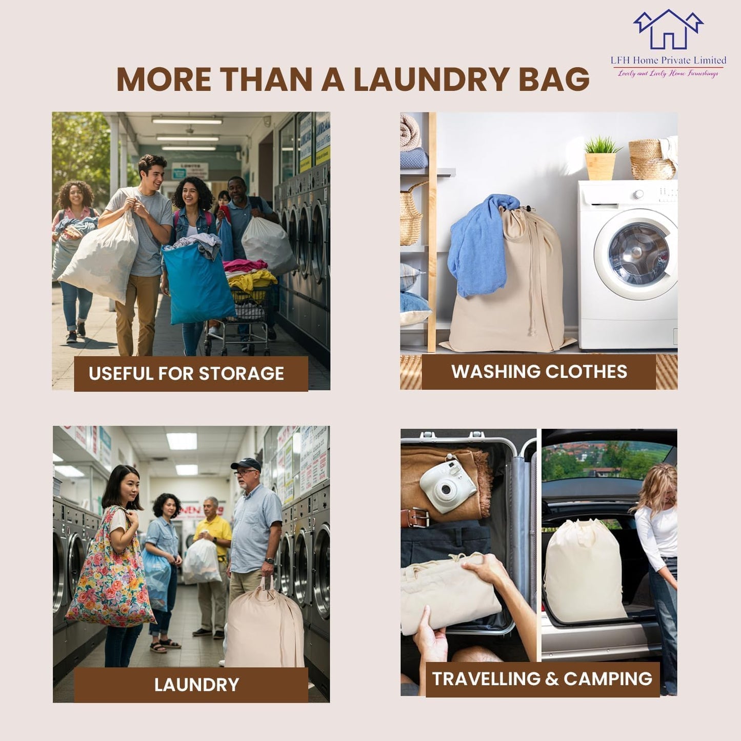 LFH Home Large Premium 100% Cotton Canvas Laundry Bag with Drawstring and Handles Heavy Duty, Multi-Use, and Washable for Home, Travel, College or Storage 28x40 (Pack of 4)-Natural