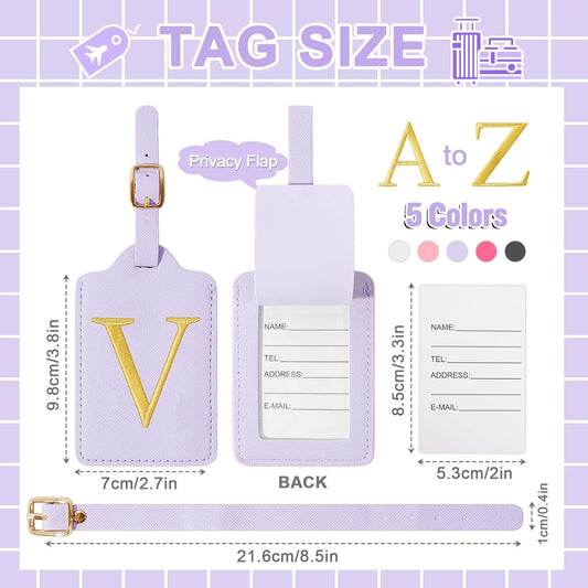 Personalized Initial Luggage Tags for Suitcase, Purple Leather Cute Luggage Tags with Privacy Cover Name Card, Embroidered Custom Monogrammed Luggage Tag Travel Backpack Tags Gifts for Women Kids(V)