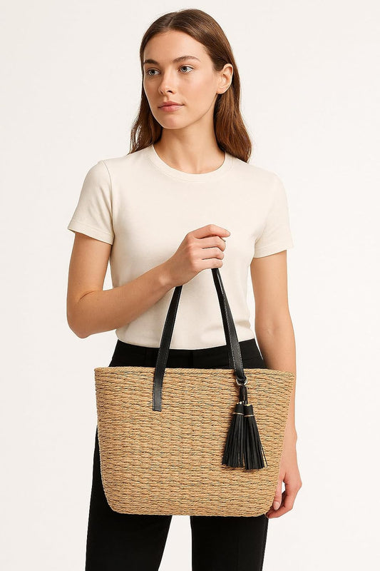 YXILEE Straw Bags For Women | M Size Travel Straw Totes Bag Woven Summer Handmade Shoulder Bag Handbag