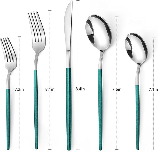 Mirror Silver Green Silverware Set, 20-Piece Stainless Steel Flatware Set, Satin Finish tableware Cutlery Set, Service for 4, Home and Restaurant, Dishwasher Safe
