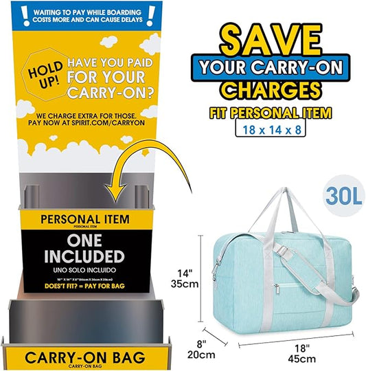 For Spirit Airlines Personal Item Bag 18x14x8 Foldable Travel Duffel Bag Underseat Carry on Luggage for Women (Mint Green)