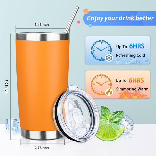 20oz Tumbler with Straw and Brush, Stainless Steel Vacuum Insulated tumbler, Double Wall Insulated Coffee Tumbler for Outdoor, Home, Travel,Office (orange,1pcs)
