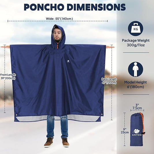 ANYOO Hooded Rain Poncho for Adults Waterproof Lightweight Rain Coat for Men Women Reusable Rain Jacket for Emergency Outdoor