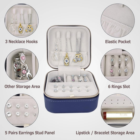 Travel Small Portable Mini Jewelry Case for collection Rings Necklaces Earrings and Lipstick Blue