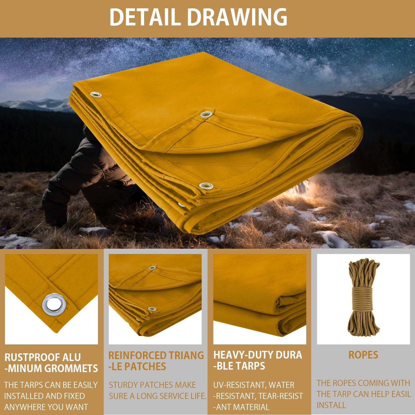 FoundGo 10x12ft Canvas Tarp 22 Mil Tarps 14 oz Canvas Tarpaulin Heavy Duty Cloth Water/UV Resistant Cover with Rustproof Grommets & Ropes for Cars,Roofs,Boats,Camps,Sunshades,Moisture Barrier -Tan