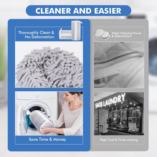 Shoe Laundry Bags for Washing Machine, 2024 New Reusable Laundry Shoe Bag for Washer and Dryer, Fluffy Fibers 360° Wrap-Around Cleaning, 2 Pairs Adjustable Shoe Trees for All Shoes, Gray