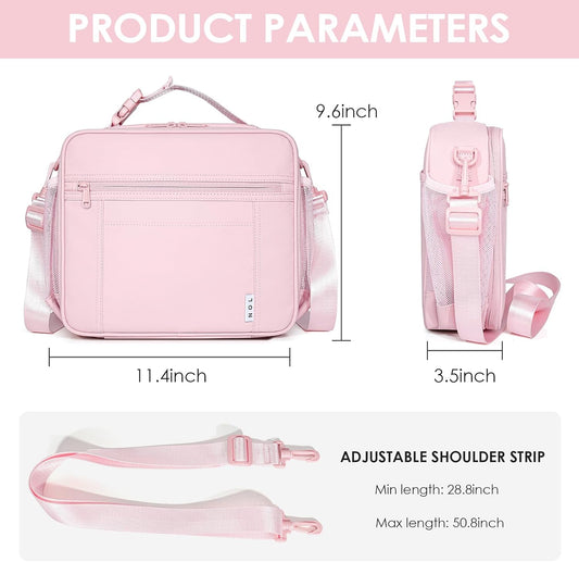 NOL Kids Lunch Bag - Kids 3+ Reusable Insulated Lunch Box with Zipper Closure Buckle Handle Adjustable Long Shoulder Strap, Easy-Clean Waterproof Fabric, Children Lunch Tote Bag for School -Pink