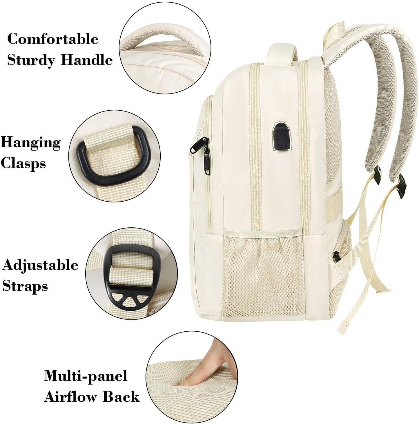 MATEIN Beige Laptop Backpack 15.6 Inch, Lightweight Sturdy Bag for College Supplies with USB Charging Port, Water Resistant Anti Theft Travel Computer Daypack Fashion Work Nurse Bag Gift for Women