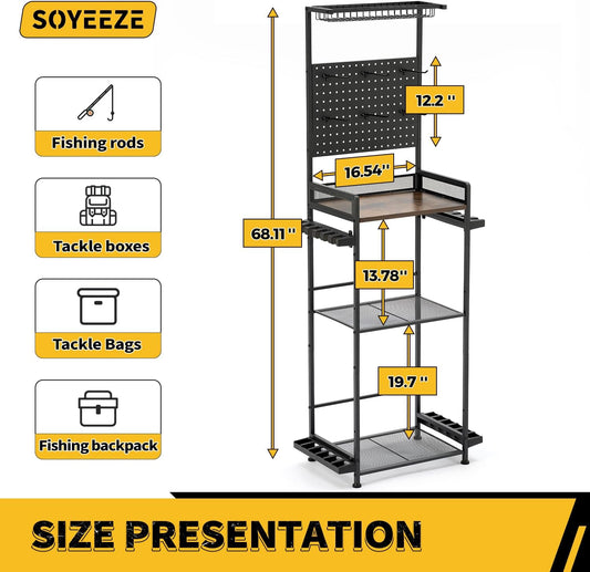 SOYEEZE Fishing Rod Holders for Garage,Fishing Gear Holder for Fishing Rod Tackle Box Storage,Fishing Pole Holders for 12 Rods with Hooks and Pegboard,Fishing Cart with Reel Rack