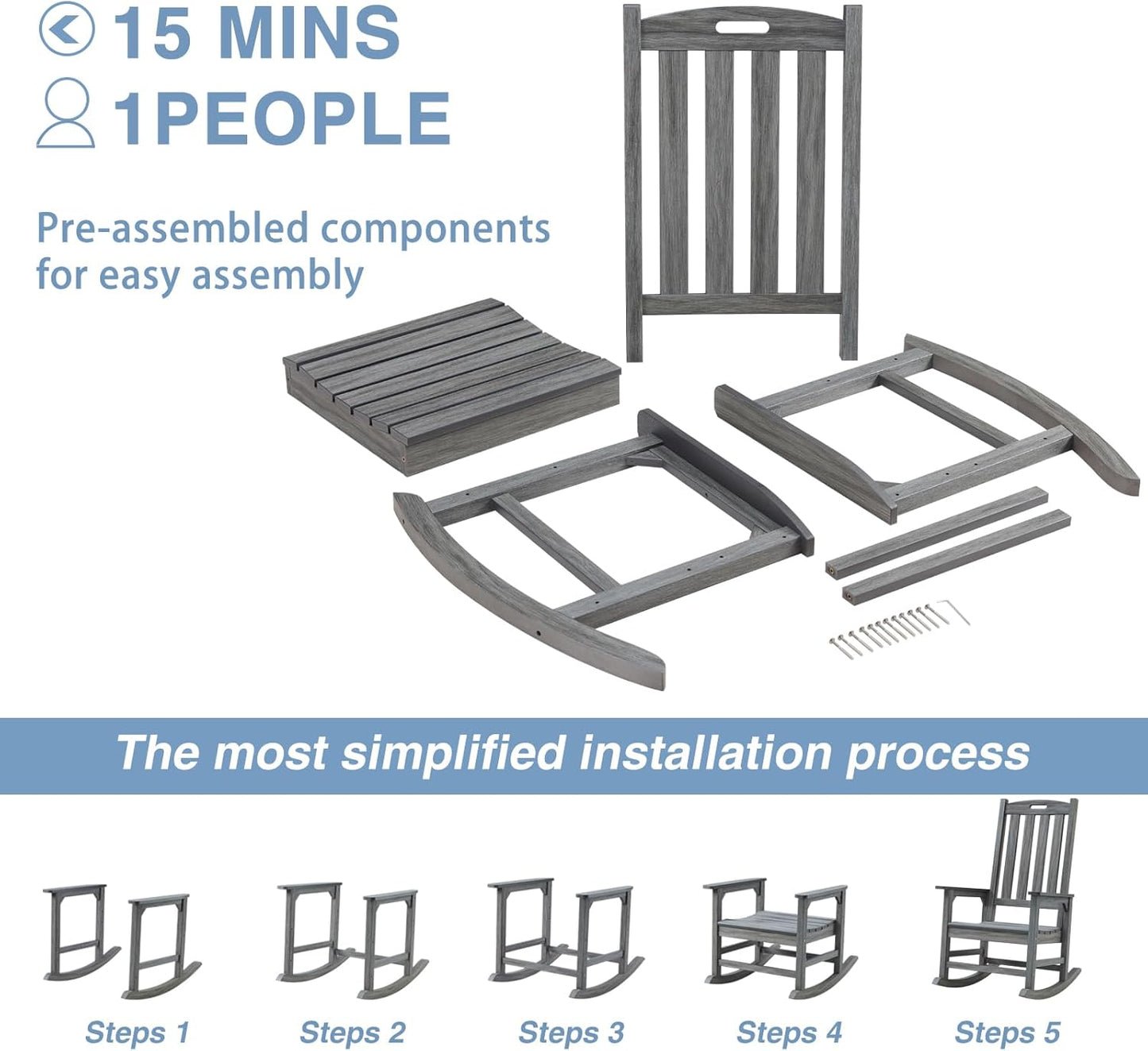 Psilvam Outdoor Rocking Chair Set of 2, Poly Lumber Oversized Rocking Chair with 21" Wide Seat and 32" Tall Backrest, Pre-Assembled with Most Components for Effortless Installation(Dark Gray)