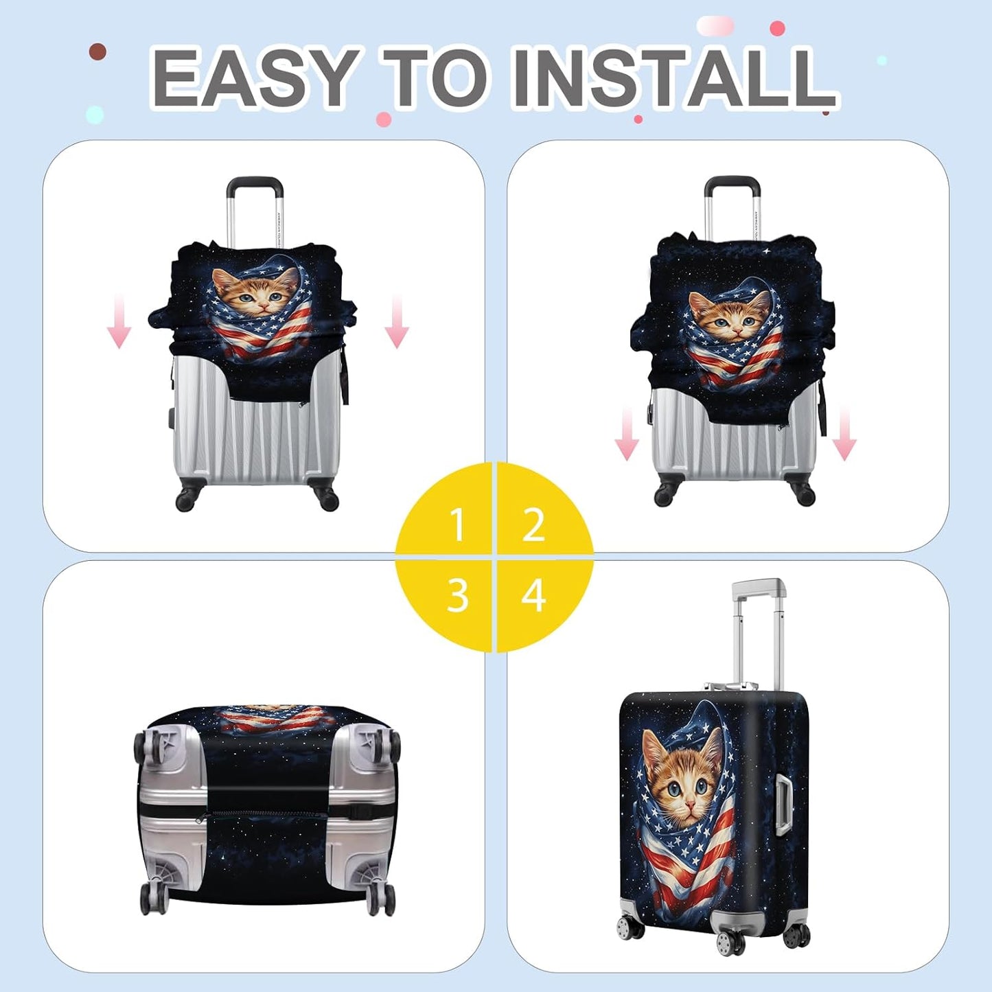 ANNA QUEEN Cute Patriotic Cat Luggage Cover, American Flag Suitcase Protector, Stretchable, Washable Travel Cover for 32-34 Inch Luggage