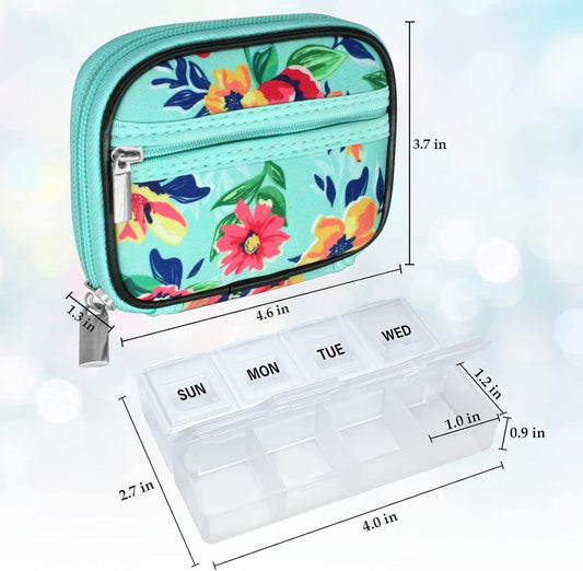 Serfeymi Weekly Travel Pill Organizer Pill Case for Purse with Removable 7 Day Pill Box, Fashionable Travel Medicine Organizer Pill Container for Medicine, Vitamin, Supplement - Green 01 + Pill Box