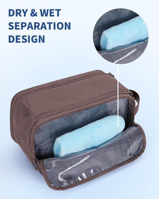 WANDF Toiletry Bag for Men Travel Toiletry Organizer Canvas and Leather Dopp Kit Water-Resistant Shaving Bag for Travel Accessories (Brown, Large)