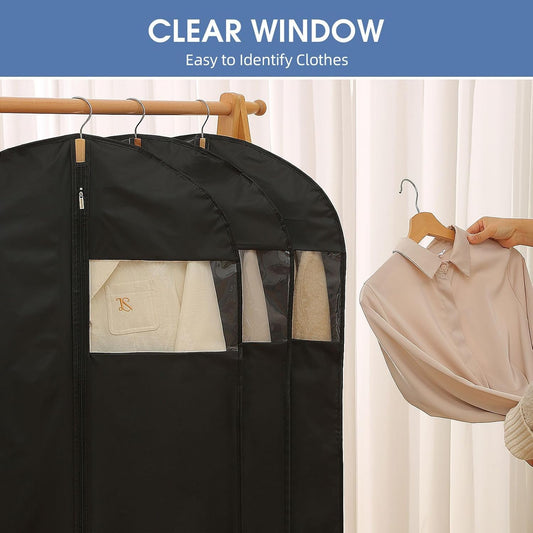 Suit Bags for Closet Storage, 43'' Garment Bags for Hanging Clothes, Suit Garment Bag, Black Suit Cover Bags with Clear Window for Coats, Jackets, Shirts(5 Packs)