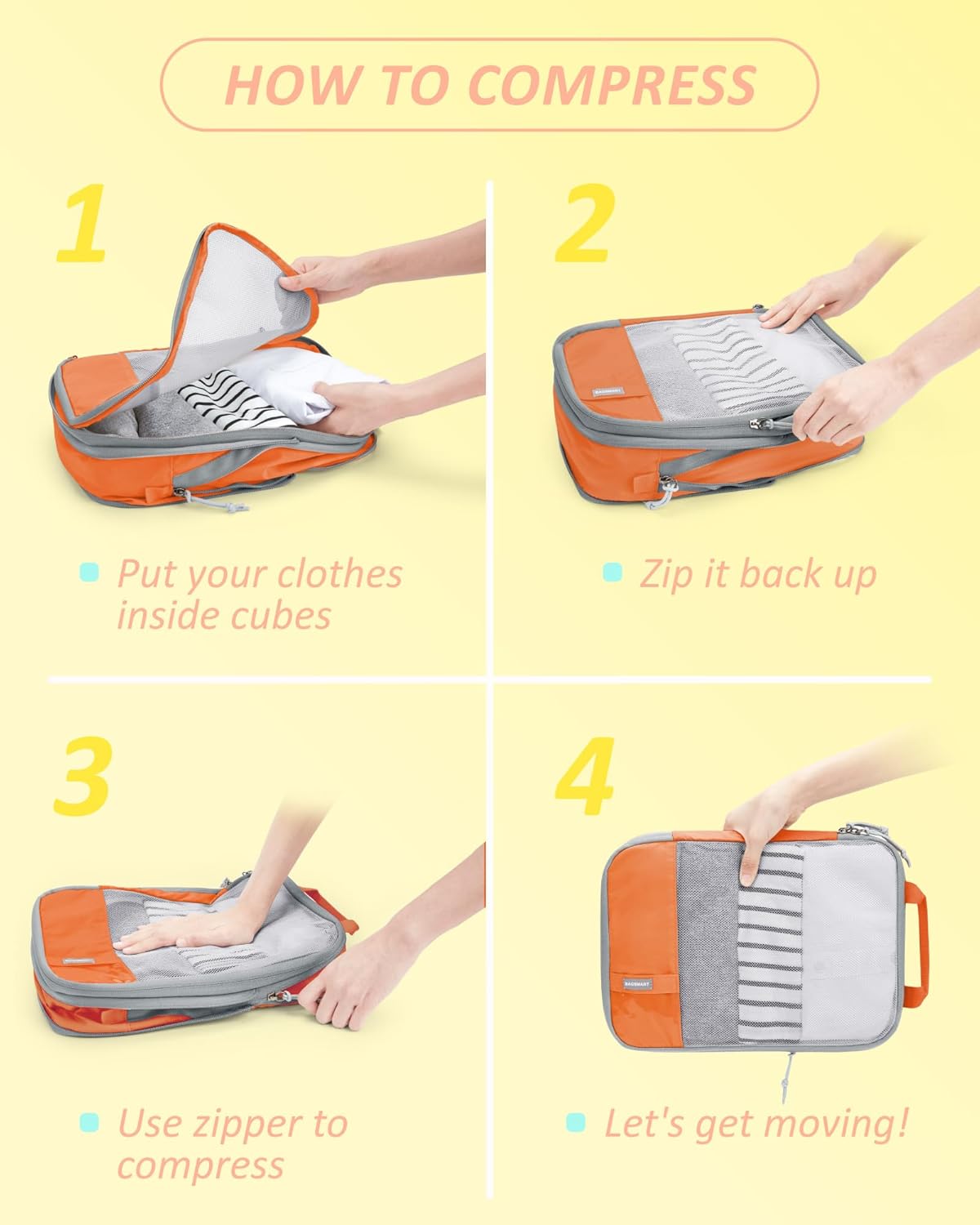 BAGSMART 6 Set Compression Packing Cubes - Lightweight Travel Essentials, Durable Luggage Organizer