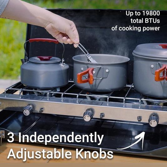Camping Stove, 3 Burner Propane Portable Camp Stove with Regulator, Push-Button Instant Ignition, Portable Camp Grill, Adjustable Burners for Car Camping Outdoor Cooking (BLACK-19800 BTUs)