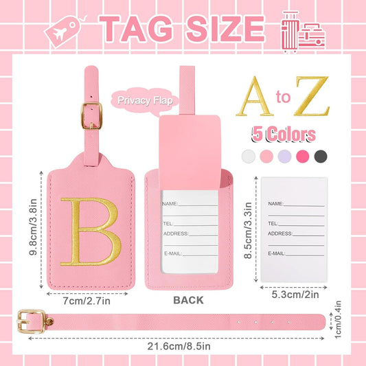 Personalized Initial Luggage Tags for Suitcase, Pink Leather Cute Luggage Tags with Privacy Cover Name Card, Embroidered Custom Monogrammed Luggage Tag Travel Bag Baggage Tags Gifts for Women Kids(B)