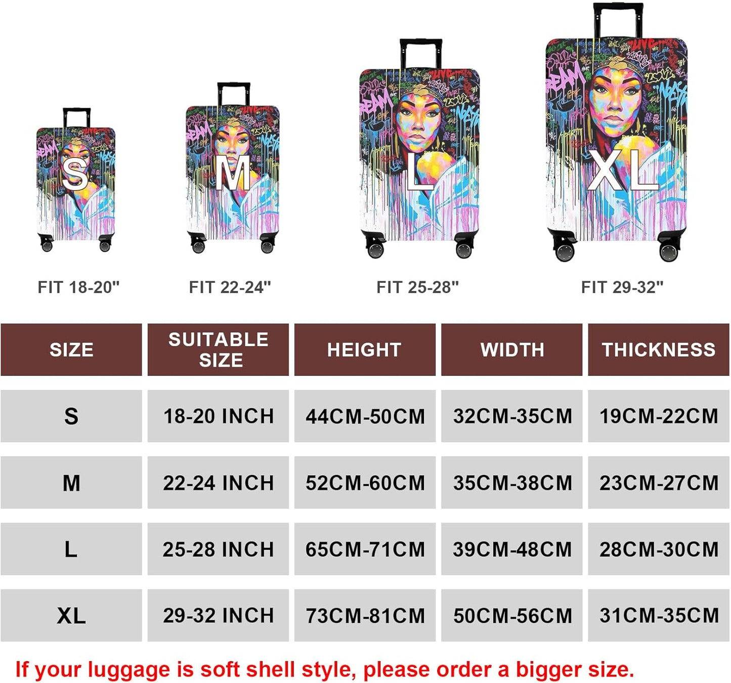 WUJIAONIAO Travel Luggage Cover Baggage Suitcase Cover Protector Skins 18-32 Inch (Graffiti A8, S (for 18-20 inch luggage))