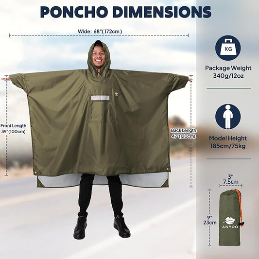 ANYOO Hooded Rain Poncho for Adults Waterproof Lightweight Rain Coat for Men Women Reusable Rain Jacket for Emergency Outdoor