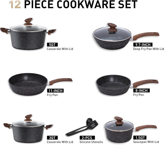 MAISON ARTS Pots and Pans Set Non Stick, 12 Piece Black Granite Kitchen Cookware Induction Compatible, Pot and Pan Sets for Cooking Nonstick