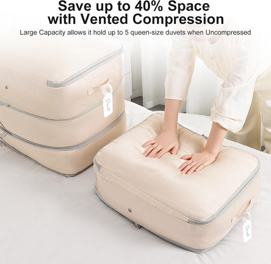 Comforter Storage Bag - Ultra Space Saving Self Compression Organizer 110L, Large Capacity Blanket Storage Bags, Washable Compression Bags for Storage 3 Pack, Beige