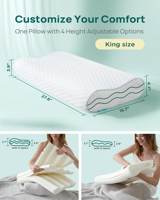 Ergonomic Memory Foam Pillow - Orthopedic Cervical Support Pillow for Neck & Shoulder Pain Relief, Adjustable Contour Pillow for All Sleeping Positions,King Size