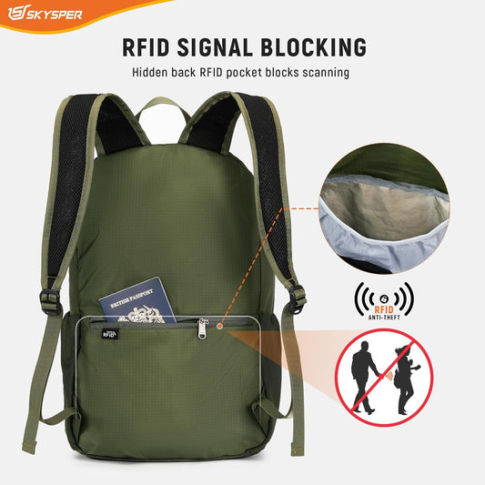 SKYSPER Small Hiking Backpack for Men Women 20L RFID Packable Daypack Ultralight Foldable Back Pack Lightweight Collapsible Travel Day Pack