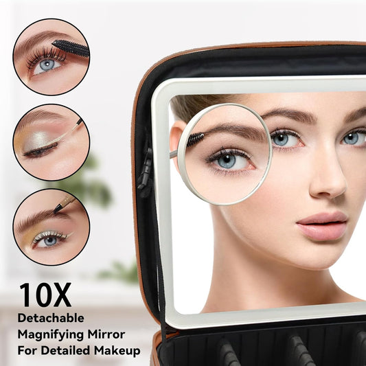 Travel Makeup Bag with LED Mirror and 10x magnifying glass with 3 Lighted Settings, Adjustable Dividers and Makeup Brush Storage Bag Caramel
