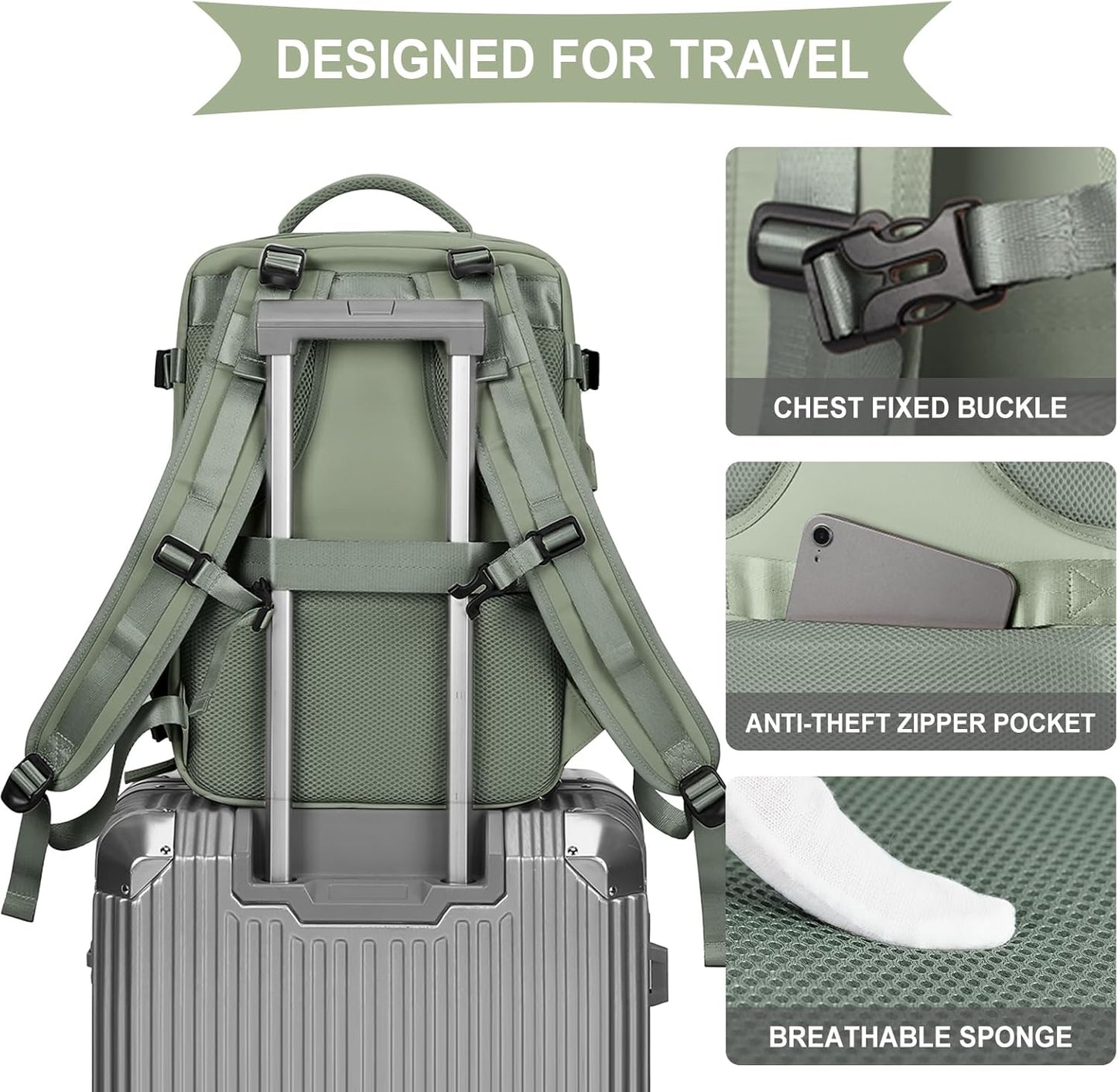 coowoz Travel Backpack For Women Men,Carry On Backpack,Hiking Backpack Waterproof Outdoor Sports Rucksack Casual Daypack travel essentials(Gray Green)
