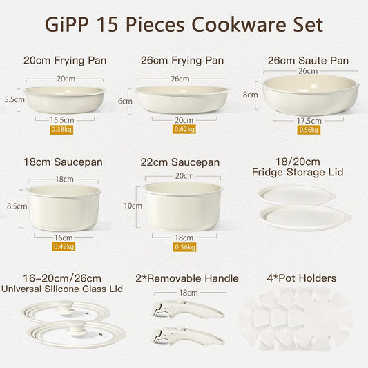 GiPP Ceramic Pots and Pans Set Non Stick, Nonstick Detachable Handle Cookware Sets, Healthy Non Toxic PFAS PFOA & PTFE Free, Dishwasher &Oven Safe, Induction Kitchen Pot and Pan, 15 Piece Cream