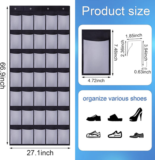 35Large Pockets Over The Door Shoe Organizer, Mesh Pockets Shoe Holder Rack, Capacity Shoe Hanging Storage,door shoe rack With 4 Metal Hook.