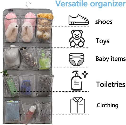 Dual Sided Hanging Shoe Organizer for Closet with Rotating Hanger Hanging Shoe Rack Holder with 24 Large Pockets (Grey-Mesh Pockets)