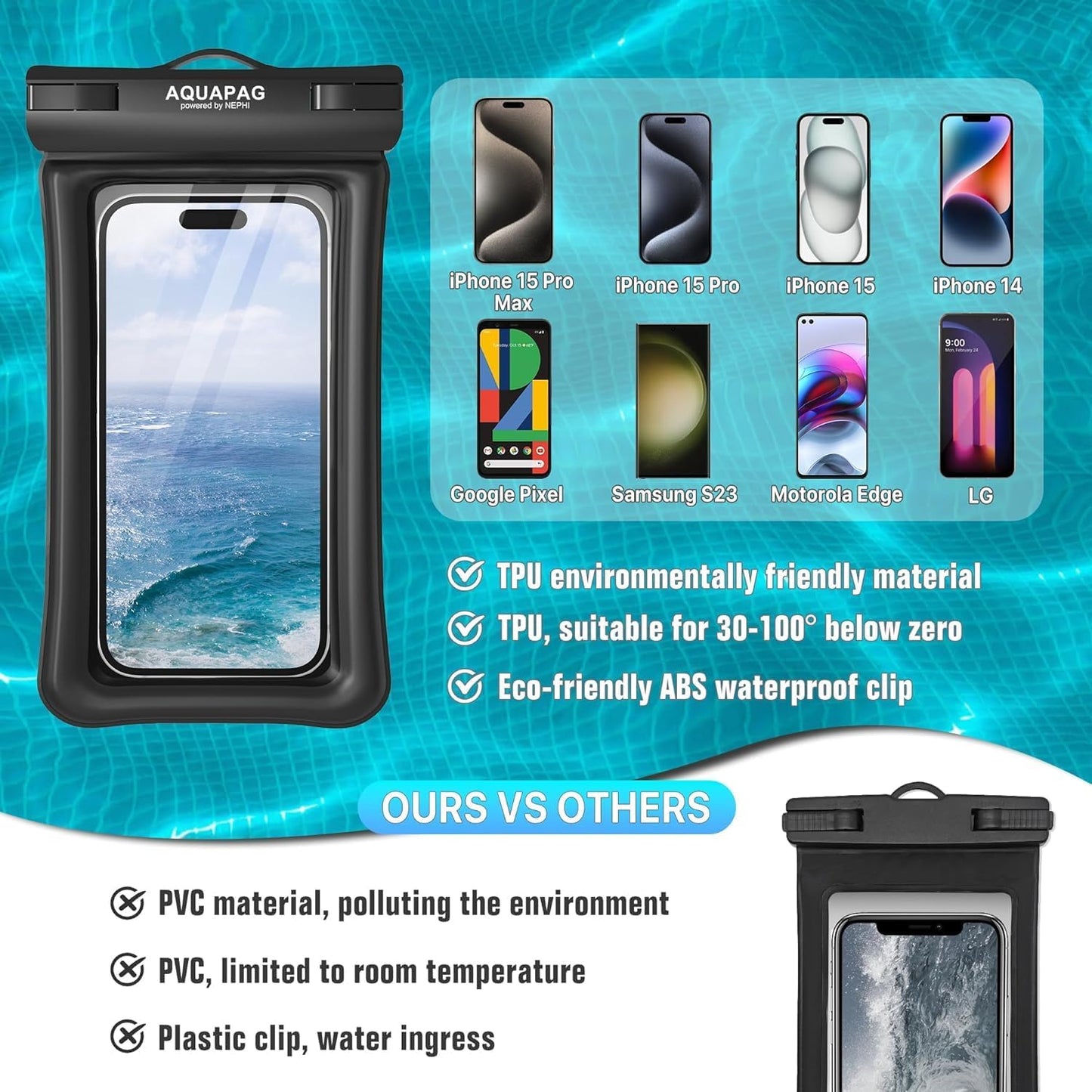 NEPHI IPX8 Floating Waterproof Phone Pouch 2 Pack-Up to 8.0",Floating Phone Case for iPhone Andriod, Dry Bags for Vacation Beach Pool Kayak Cruise Travel Essentials (Black Black 2 Pack)