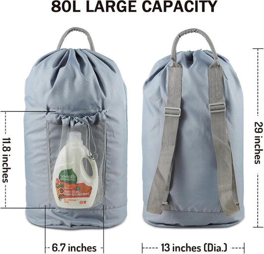 Backpack Laundry Bag, Large Laundry Backpack with Detergent Holder and Adjustable Shoulder Straps for College Travel Dorm Room (Gray)