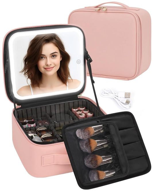 Makeup Bag With LED Mirror, Travel Makeup Case with Light up Mirror Large Cosmetic Case with 3 Color Lighted Portable Professional Organizer Bag with Adjustable Dividers(Pink)