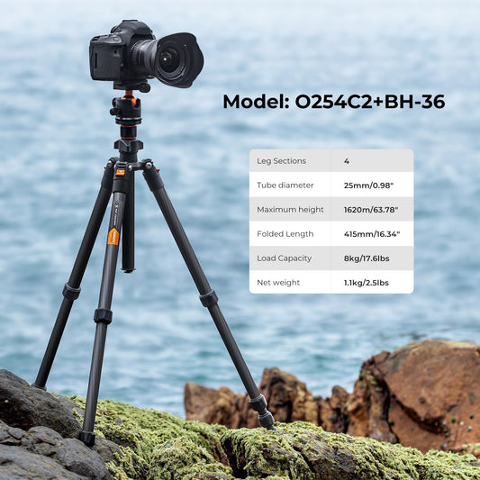 K&F Concept 64" Carbon Fiber Camera Tripod,Lightweight Travel Tripod with 36mm Metal Ball Head Load Capacity 17.6lbs, Quick Release Plate,for DSLR Cameras Indoor Outdoor Use K254C2+BH-36L