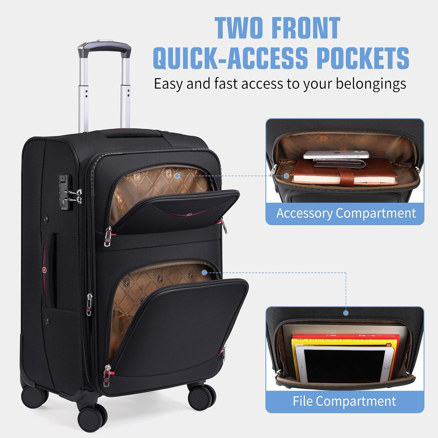 Softside Expandable Luggage with 4 Spinner Wheels, Durable Checked-Luggage Suicase (Black, 3-Piece Set 21/25/29)