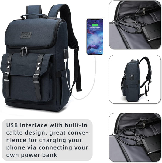 YALUNDISI Vintage Backpack Travel Laptop Backpack with usb Charging Port for Women & Men College Backpack Fits 15.6 Inch Laptop Blue