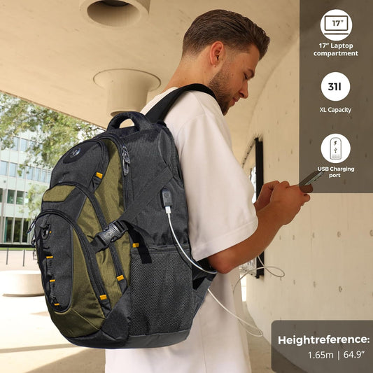 Swissdigital Design Laptop Backpack with USB Charging Port, TSA Travel Backpack Fits 15.6 inches Computer, 31L College School Backpack for Men, Olive/Black | SD803-26
