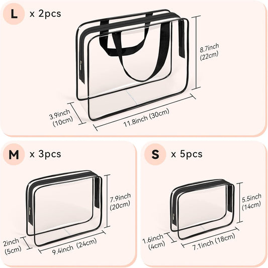 TISRATOK 10 PCS Clear Travel Makeup Toiletry Bag, Plastic PVC Cosmetic TSA Approved Organizer Kit with Zipper Handbag(Black)