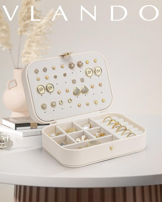 Vlando Travel Jewelry Case for Women Girls Mothers, PU Leather Small Mini Jewelry Box for Rings, Necklaces, Bracelets, Earring Holder Organizer Storage for Travel Accessories, Bridesmaid Gifts - Beige